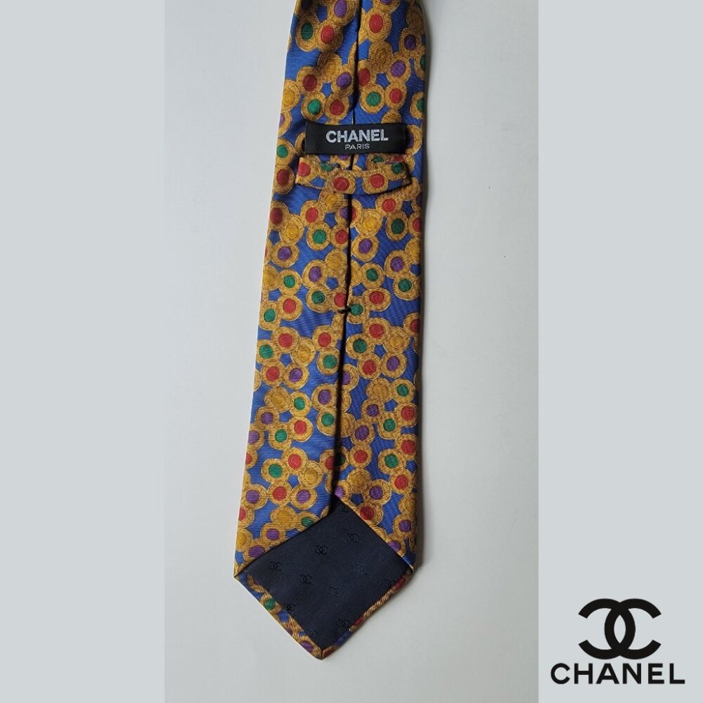 CHANEL Men's Vintage Tie 100% Silk Made in Italy Blue & Jewel Circles Authentic